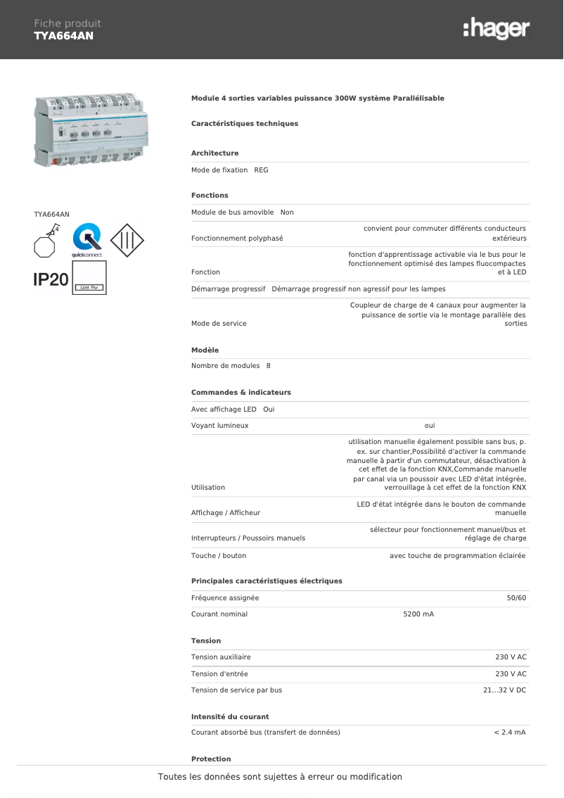 Page 1 de la notice Fiche technique Hager TYA664AN