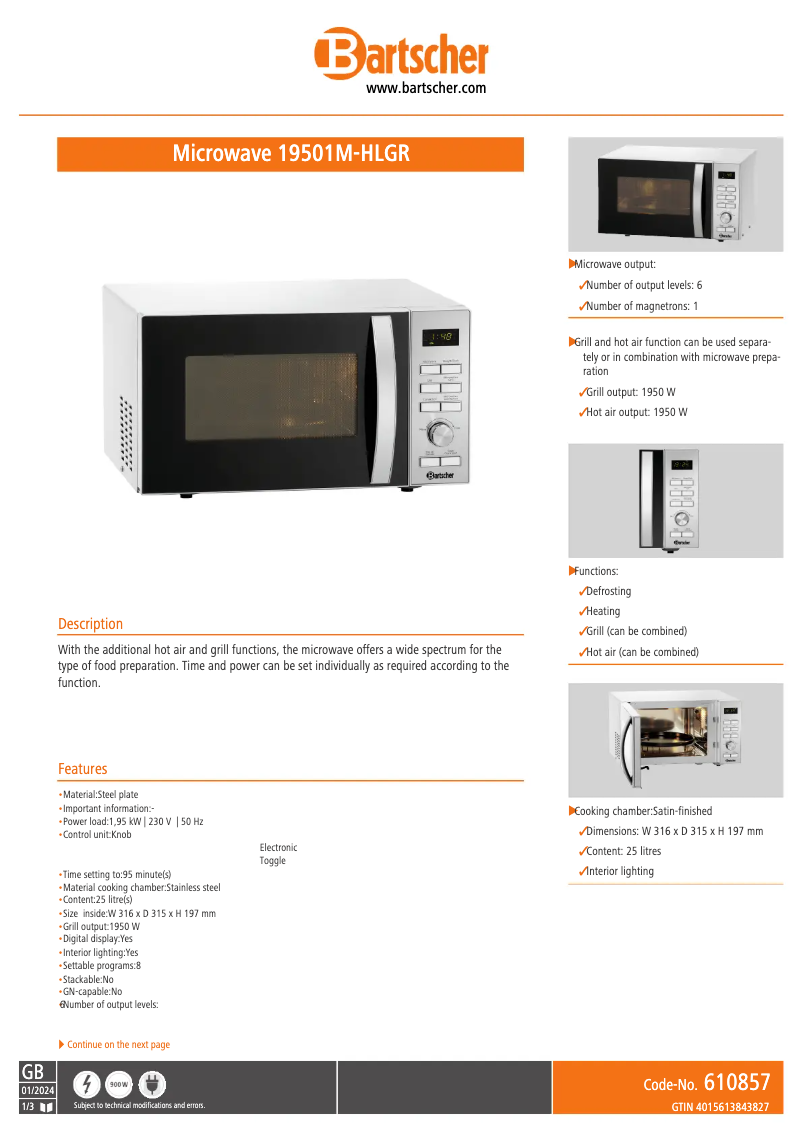 Página 1 del manual Ficha técnica Bartscher 19501M-HLGR