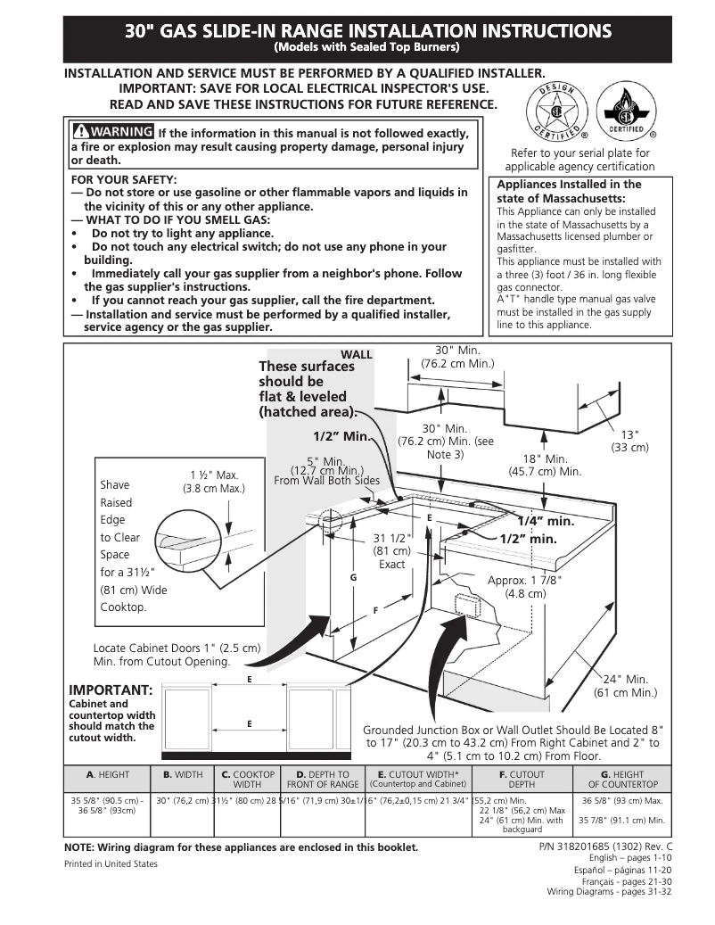 Page n°1 - Guide d'installation Frigidaire FFGS3025LW