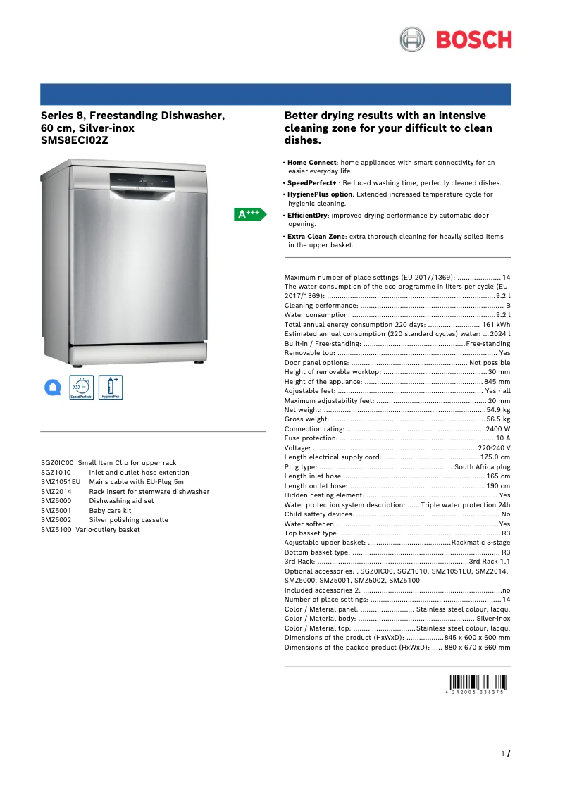 Page 1 of the manual Technical Sheet Bosch SMS8ECI02Z