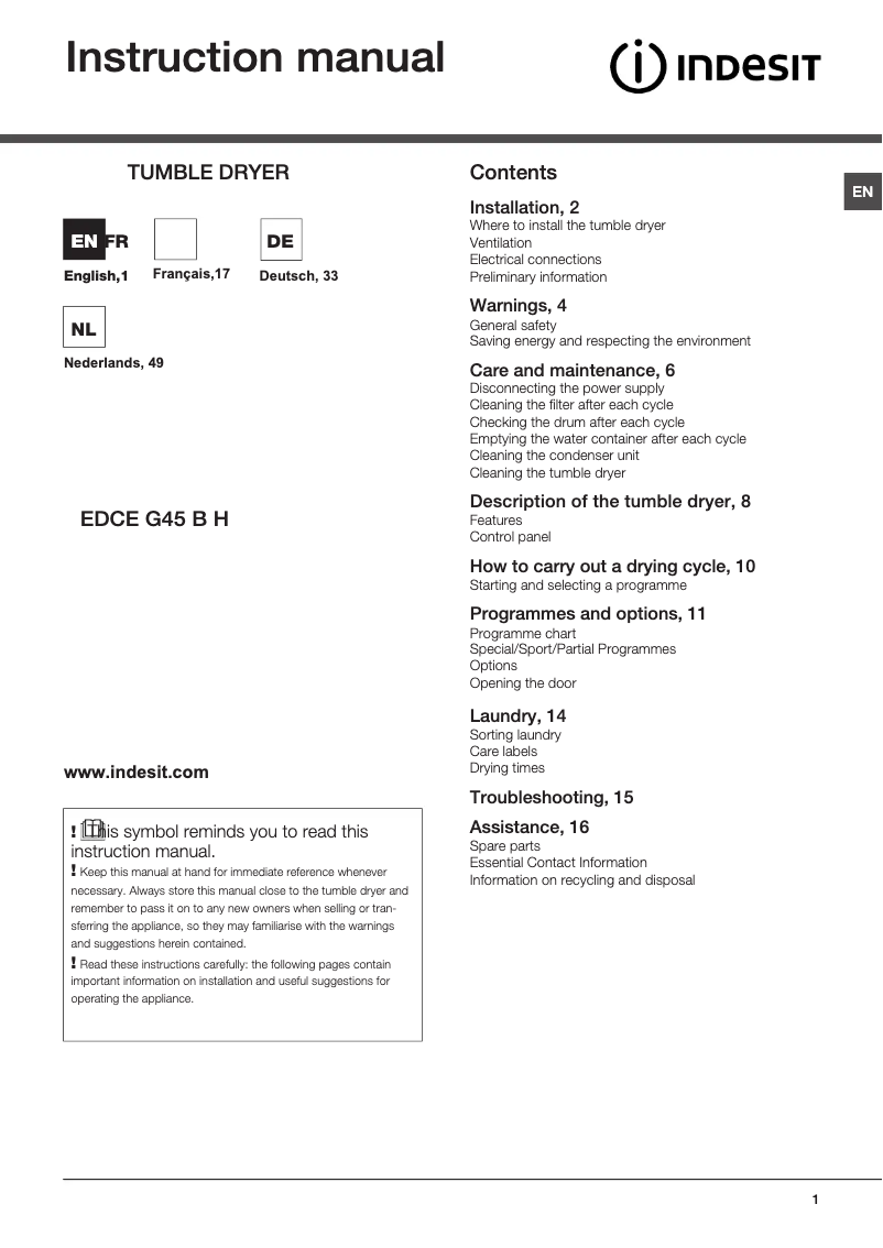 Page 1 de la notice Mode d'emploi Indesit EDCE G45 B H (EU)