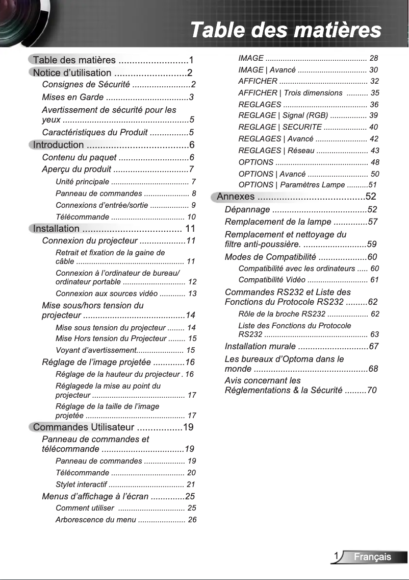 Page 1 de la notice Manuel utilisateur Optoma EX665UT