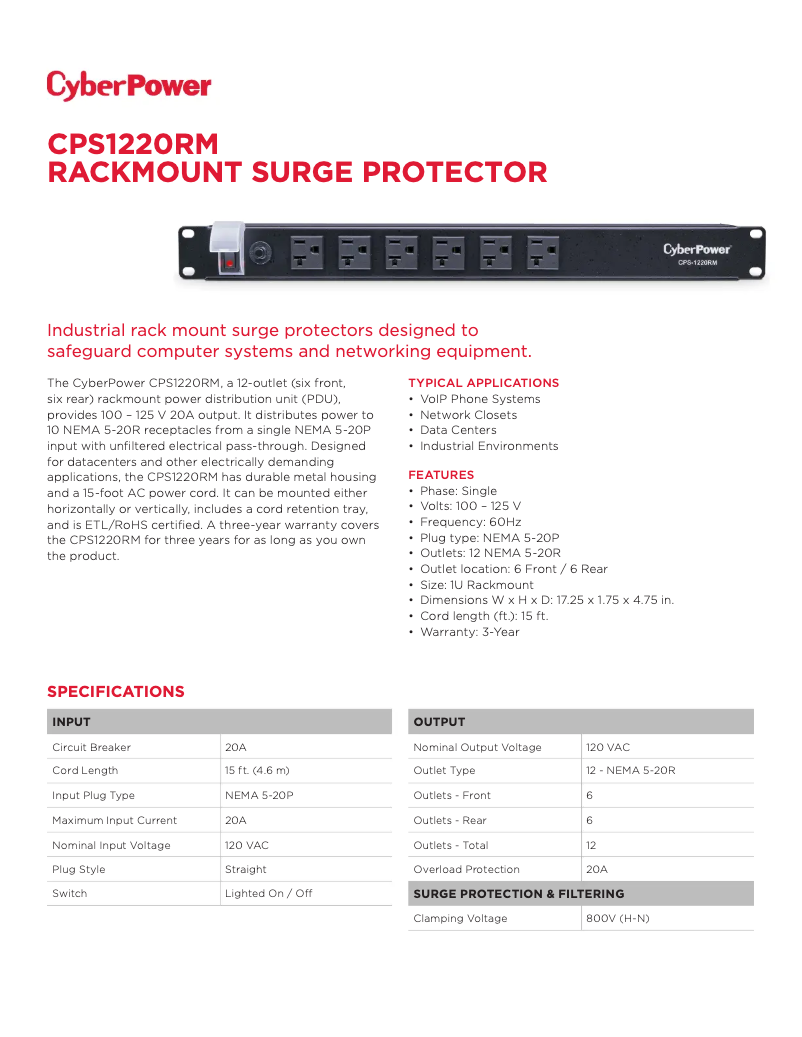 Page n°1 - Fiche technique CyberPower CPS1220RM