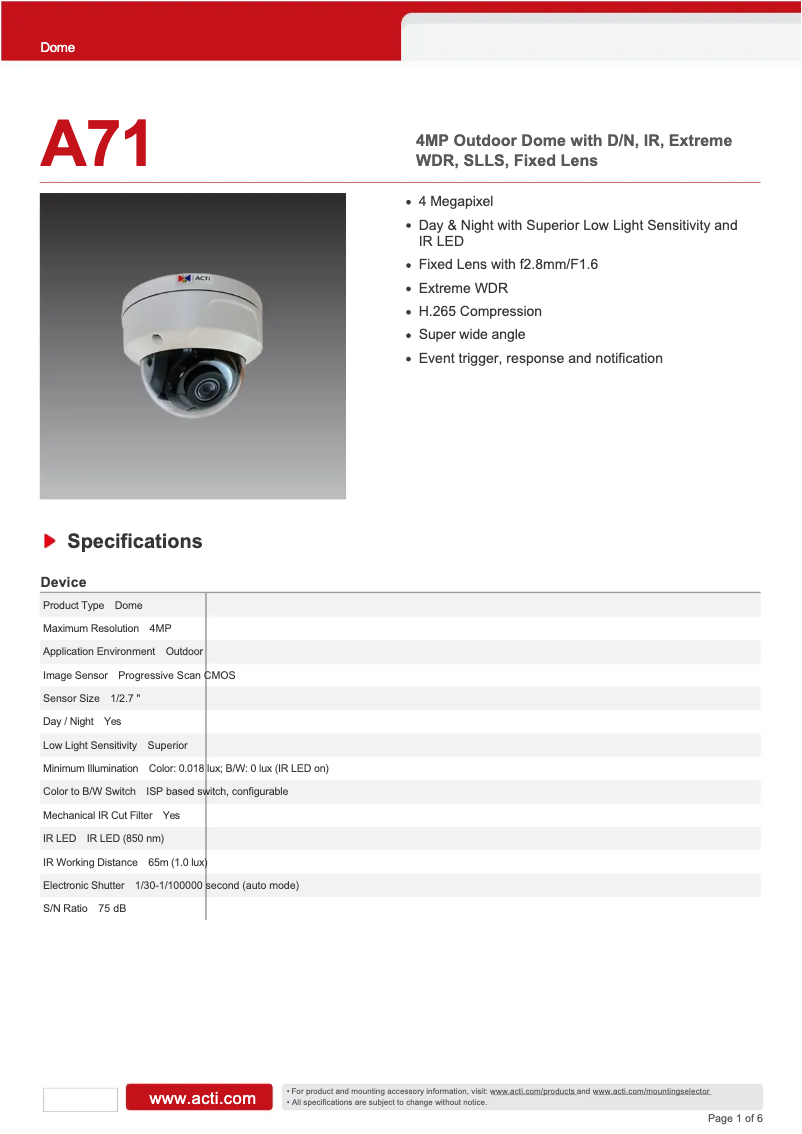 Page 1 de la notice Fiche technique ACTi A71