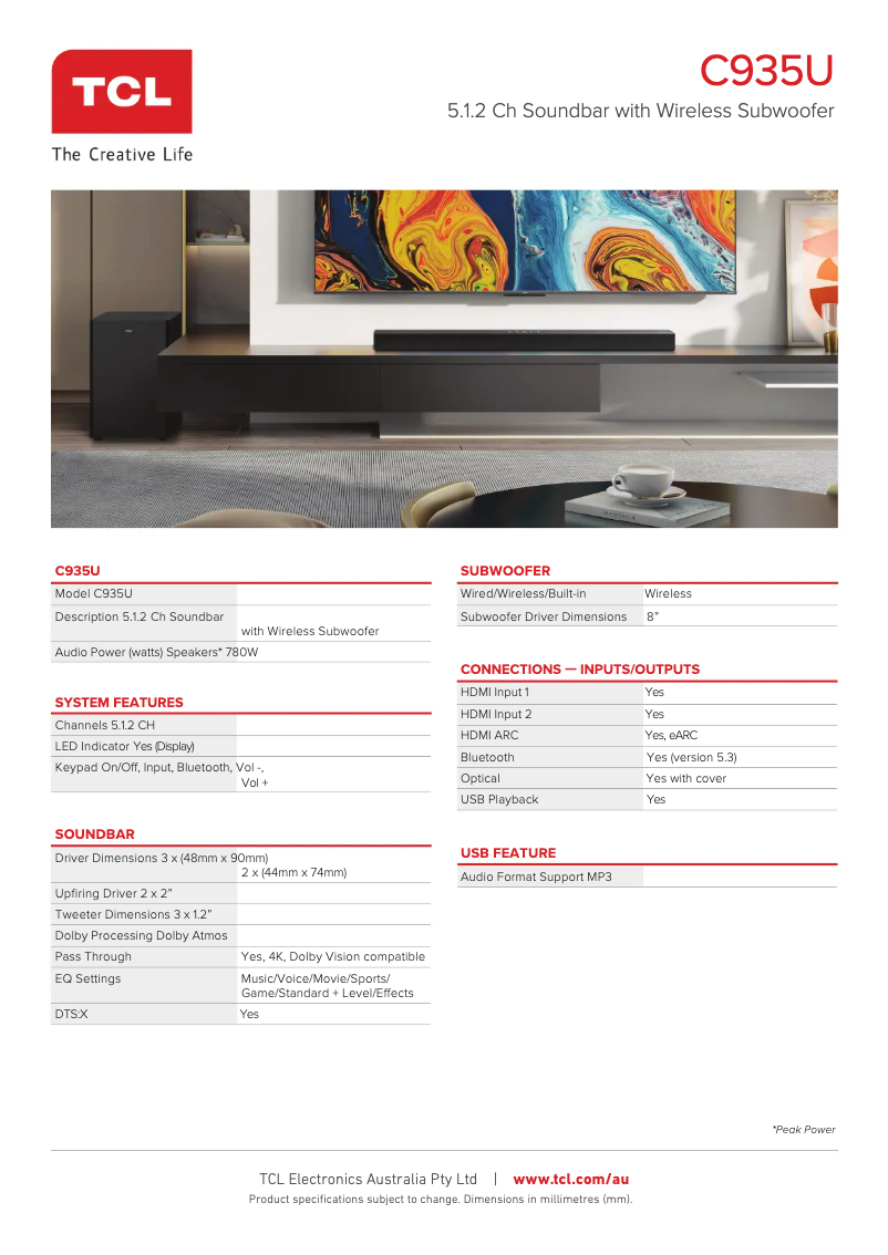 Page 1 of the manual Technical Sheet TCL C935U