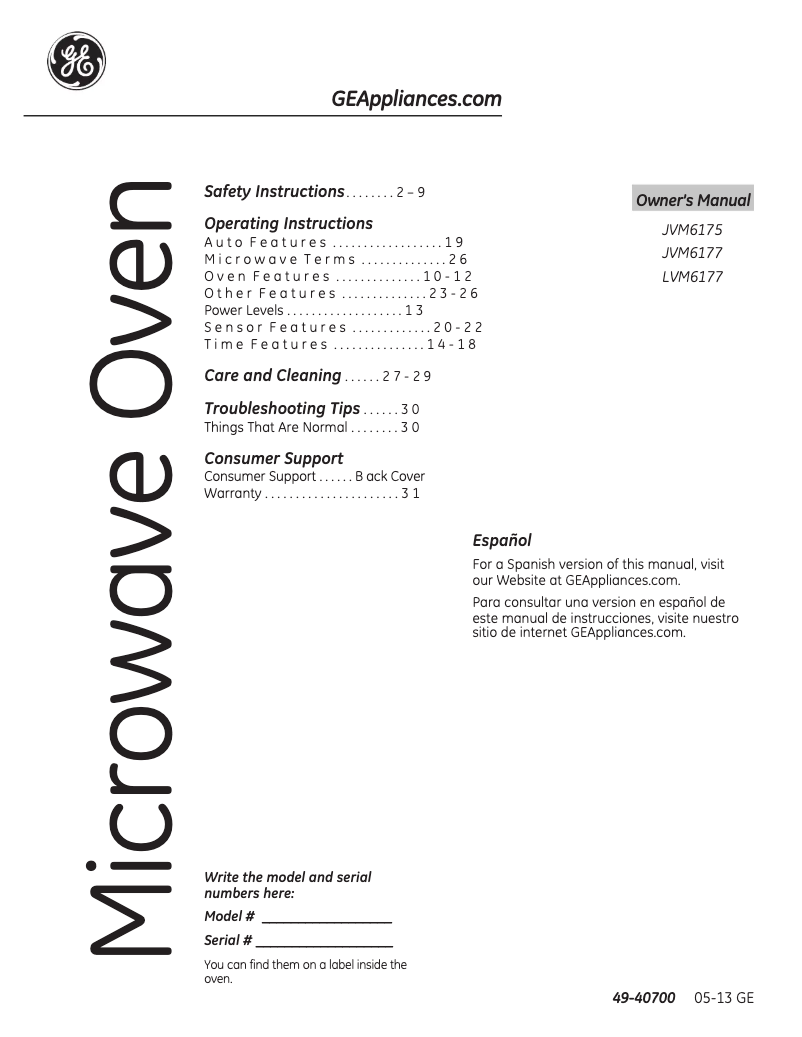 Page 1 de la notice Manuel d'utilisation et d'entretien GE JVM6177DFWW