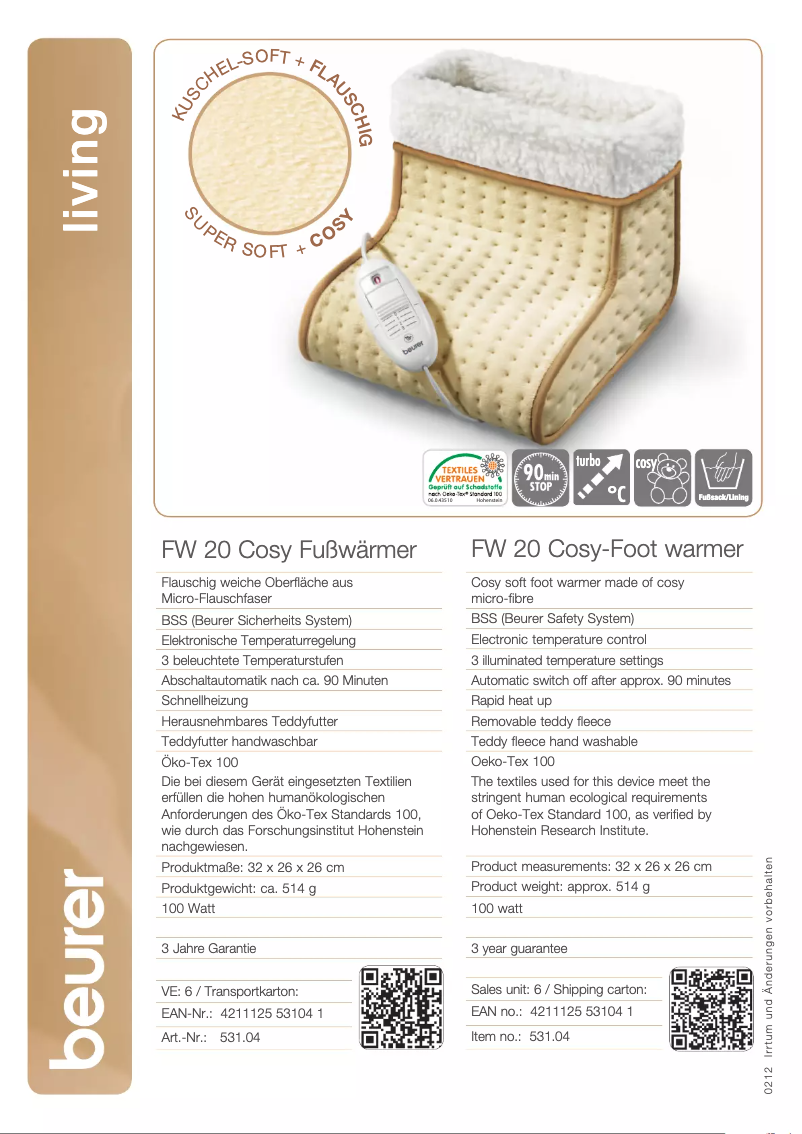 Page 1 de la notice Fiche technique Beurer FW 20