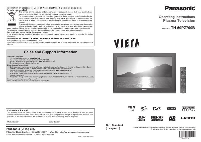Page 1 de la notice Manuel utilisateur Panasonic Viera TH-50PZ700B