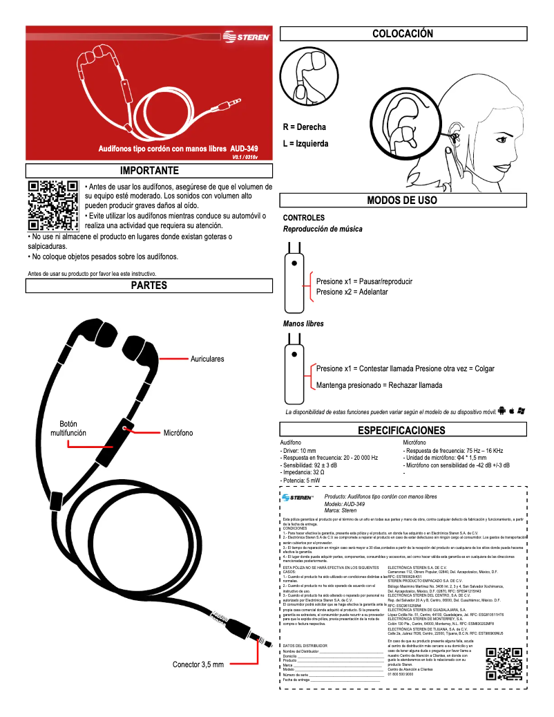 Page n°1 - Manuel utilisateur Steren AUD-349