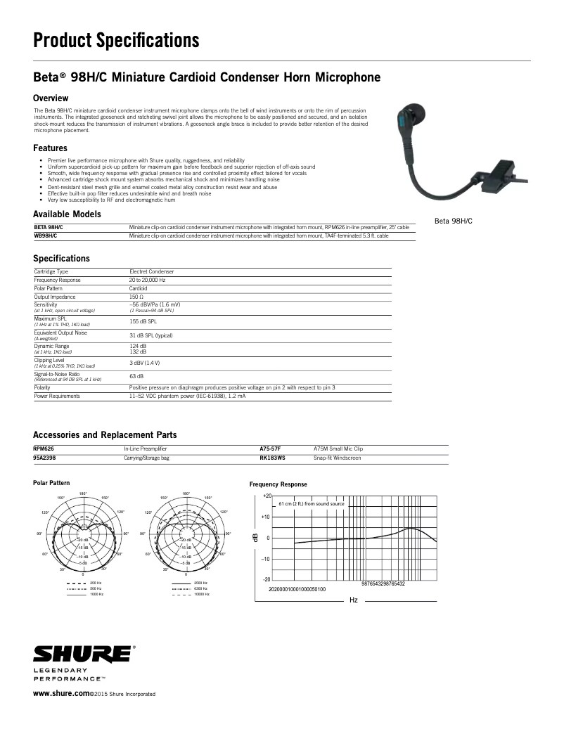 Page 1 de la notice Fiche technique Shure WB98H/C
