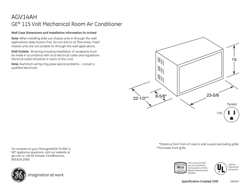 Página 1 del manual Ficha técnica GE AGV14AH