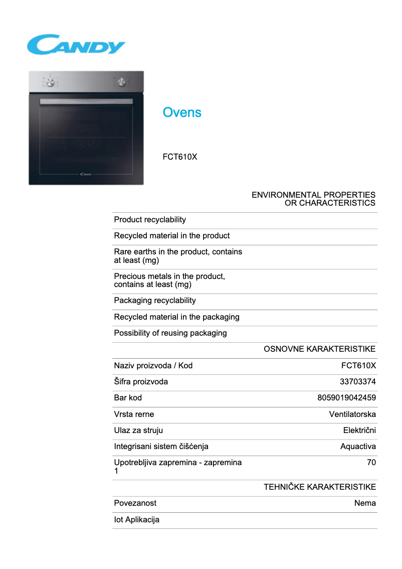 Page 1 de la notice Fiche technique Candy FCT610X