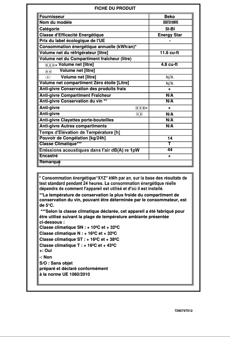 Page n°1 - Fiche technique Beko BBBF3019IMWE
