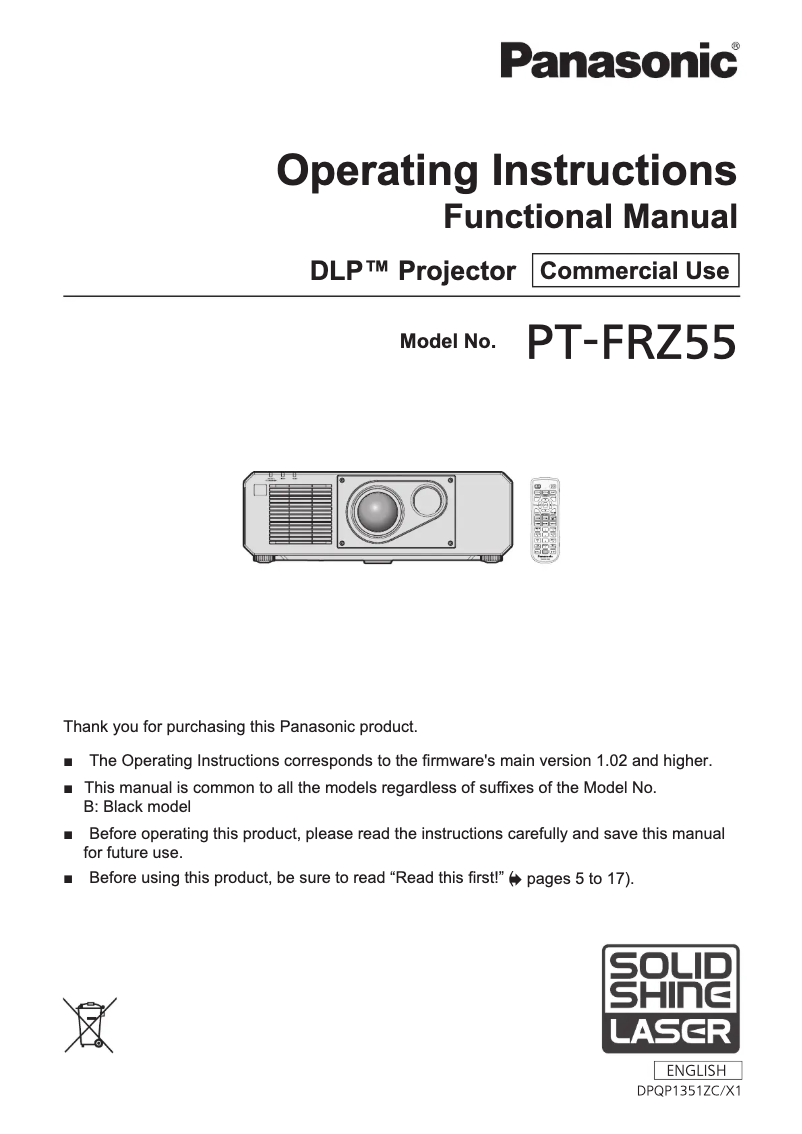 Page n°1 - Manuel utilisateur Panasonic PT-FRZ55