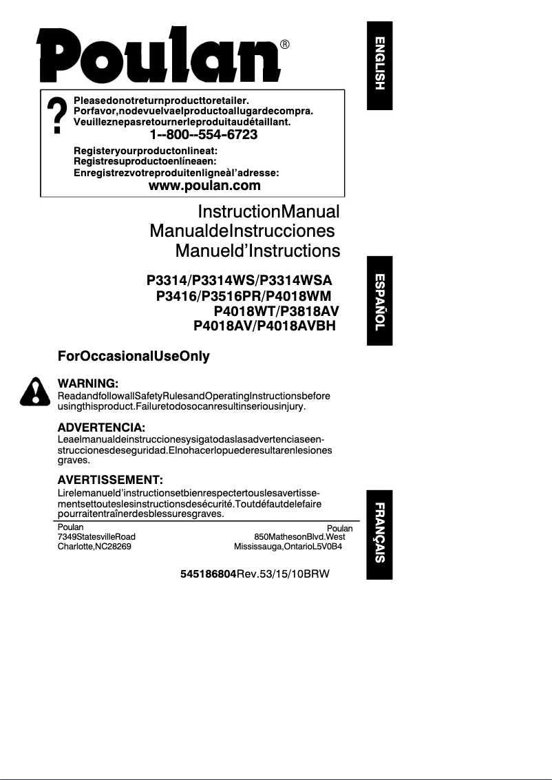 Page 1 de la notice Manuel utilisateur Poulan P3416