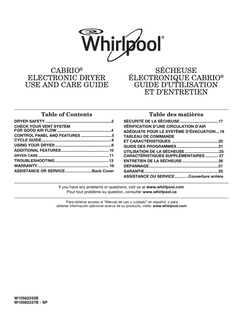 Page n°1 - Manuel utilisateur Whirlpool Cabrio WED8500BW