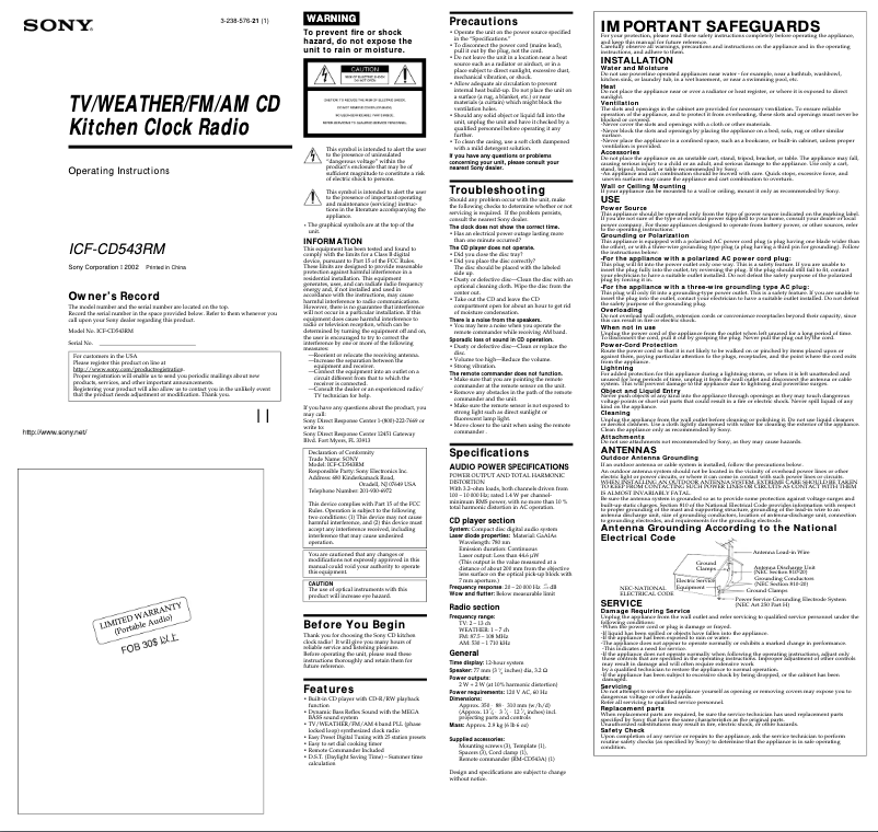 Page 1 de la notice Manuel utilisateur Sony ICF-CD543