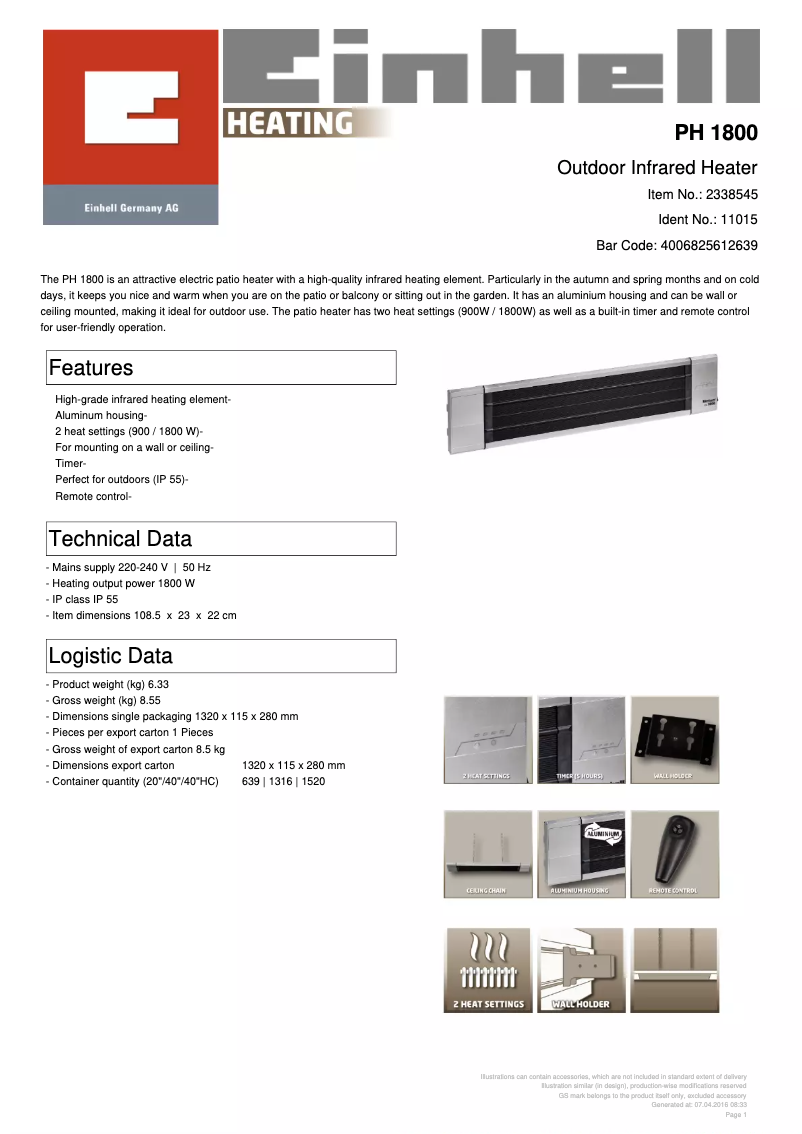 Página 1 del manual Ficha técnica Einhell PH 1800