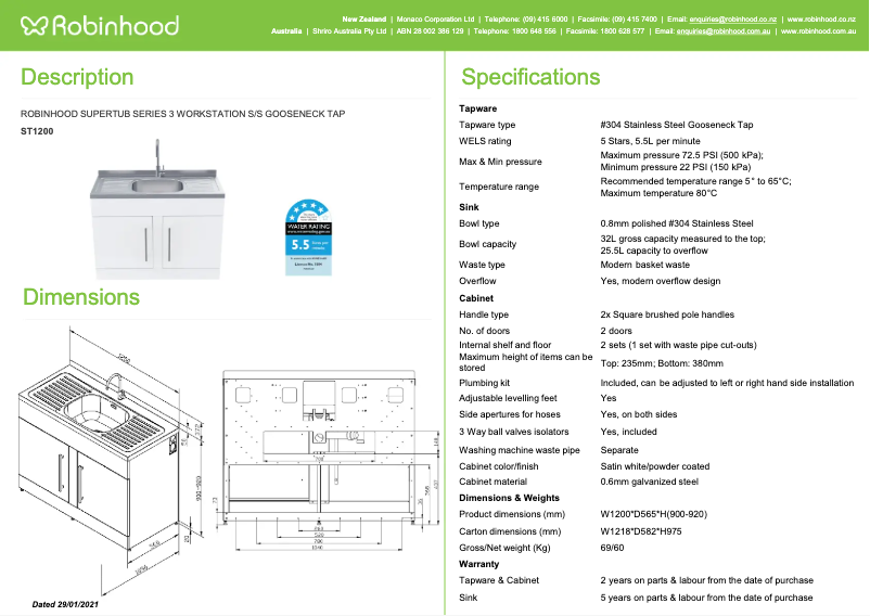 Página 1 del manual Ficha técnica Robinhood ST1200
