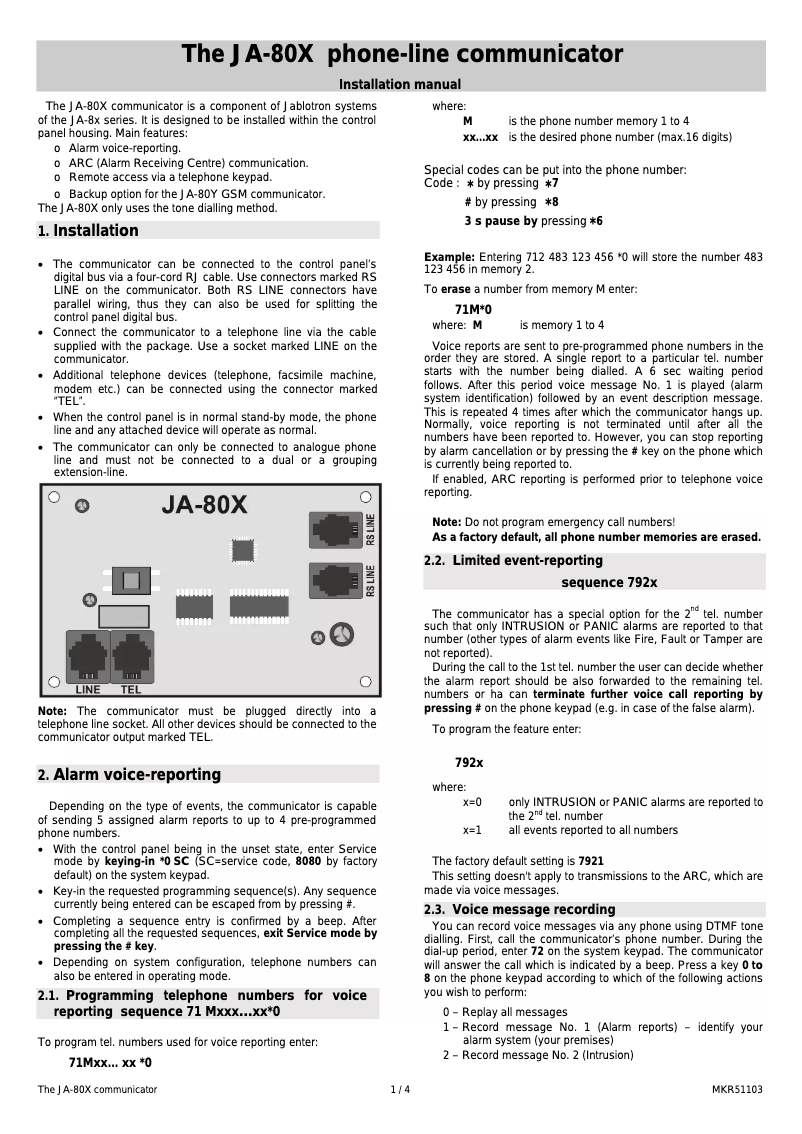 Page 1 de la notice Manuel utilisateur Joblotron JA-80X