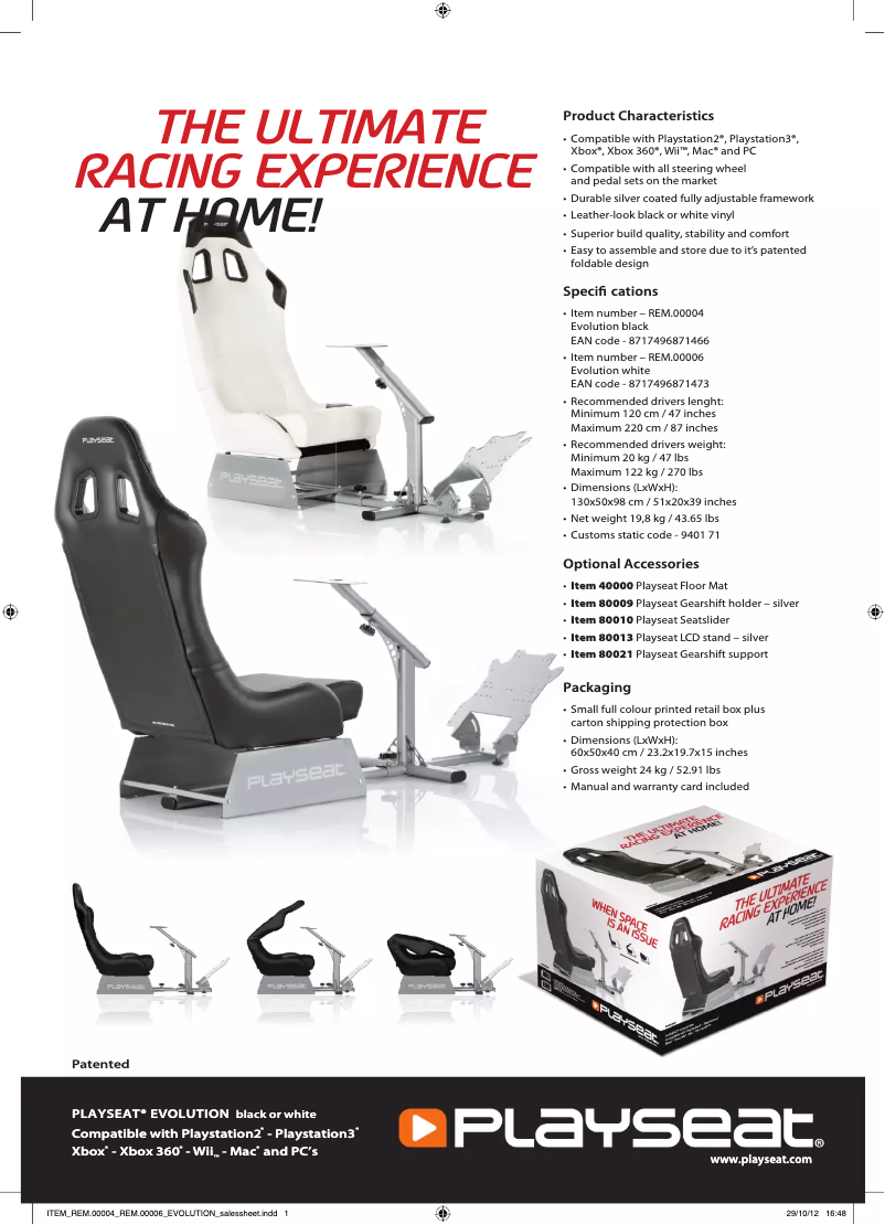 Page 1 de la notice Brochure Playseat Evolution