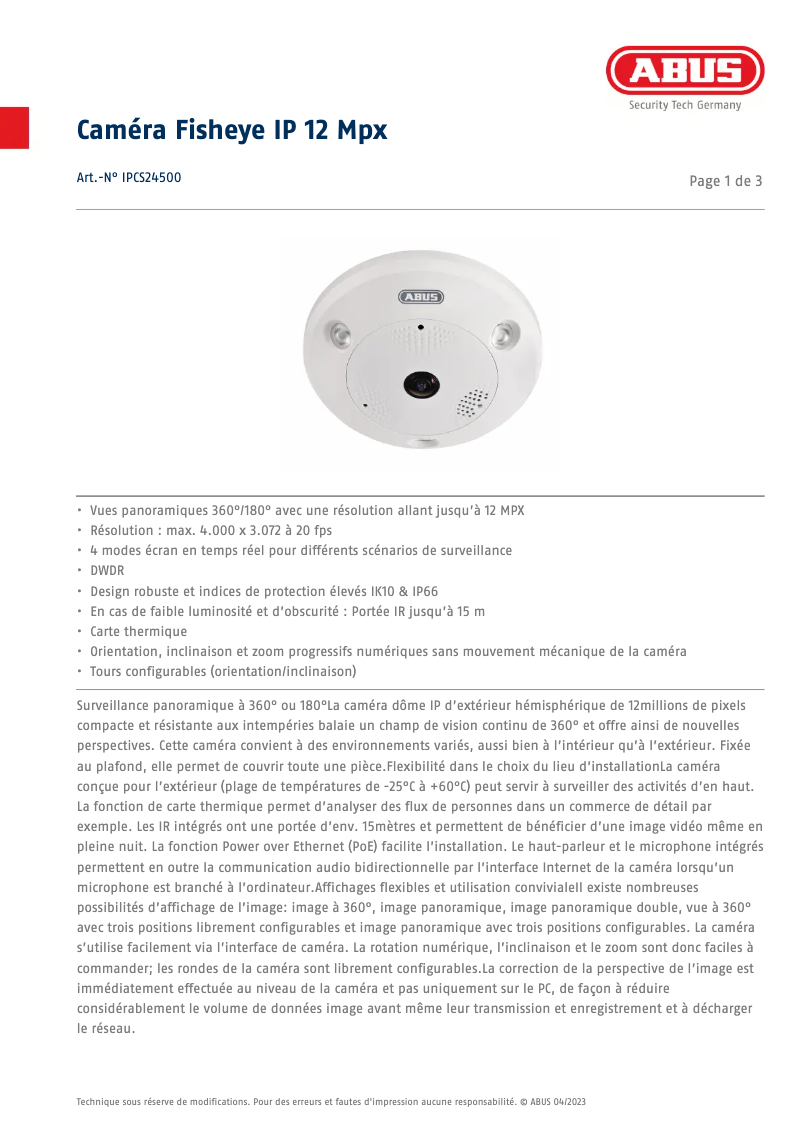 Page 1 de la notice Fiche technique Abus IPCS24500