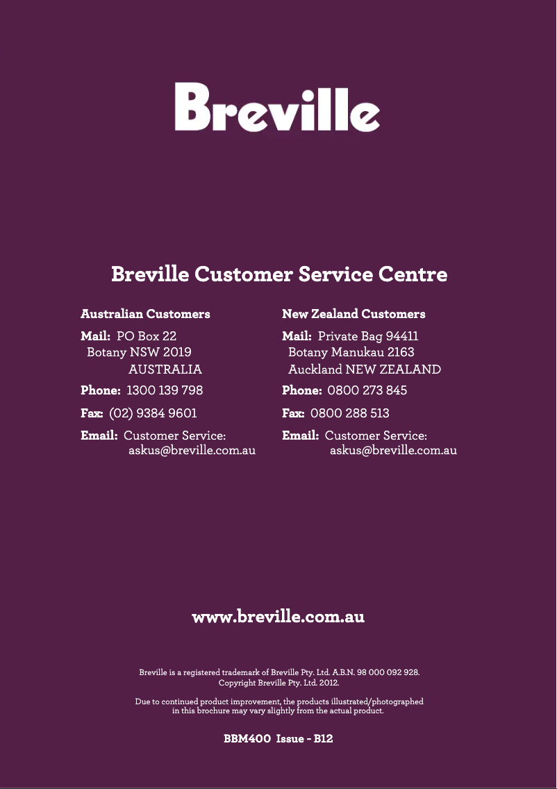 Page 1 de la notice Manuel utilisateur Breville the Gourmet Baker BBM400