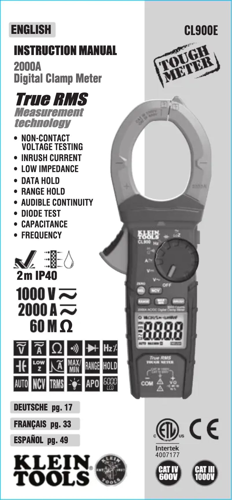 Page 1 de la notice Manuel utilisateur Klein Tools CL900