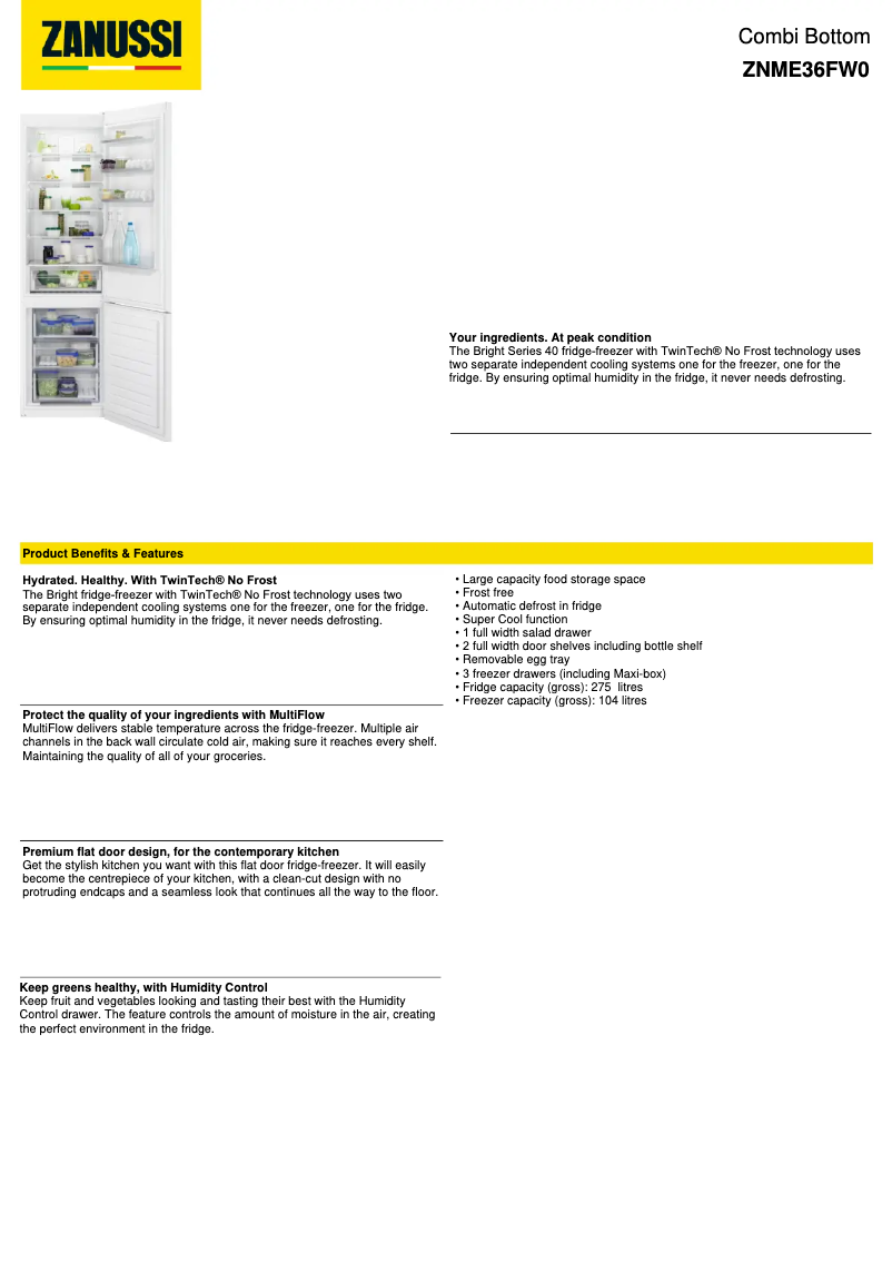 Page 1 de la notice Fiche technique Zanussi ZNME36FW0