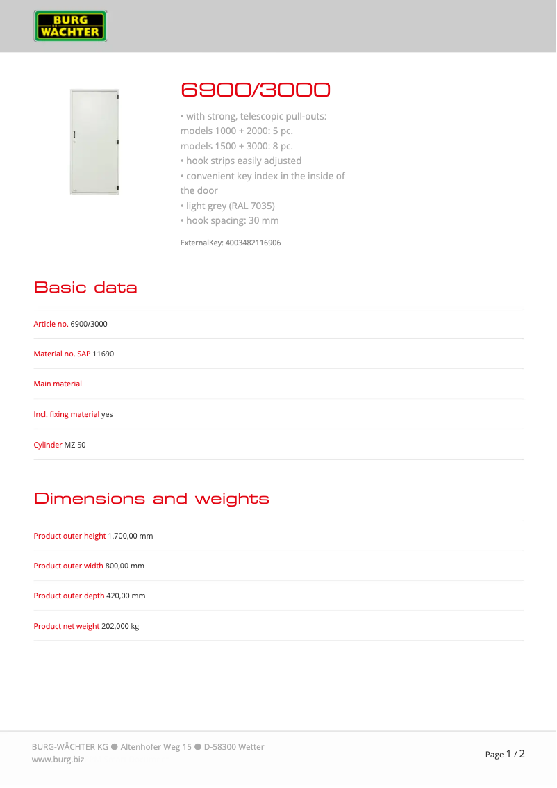 Página 1 del manual Ficha técnica Burg Wächter 6900/1000