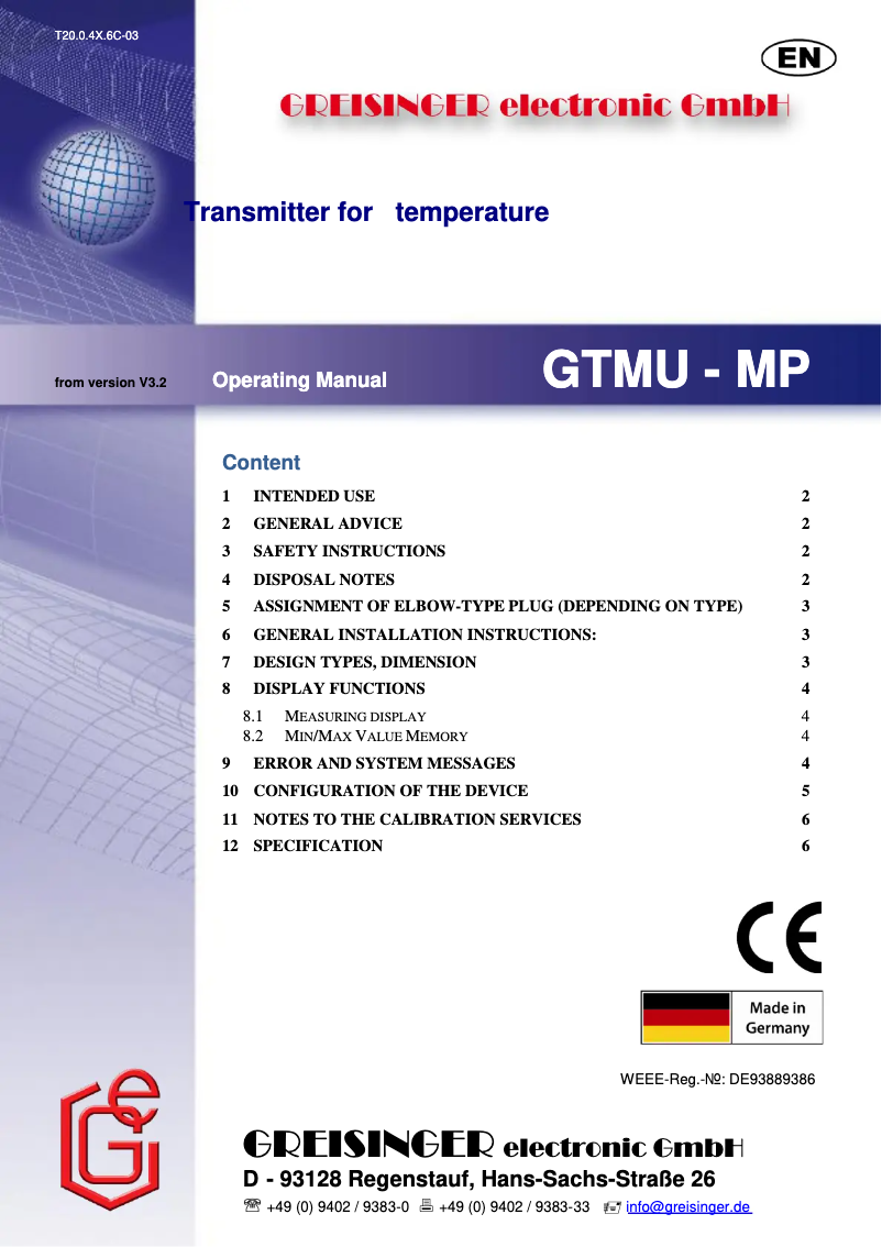 Page n°1 - Manuel utilisateur Greisinger GTMU-MP