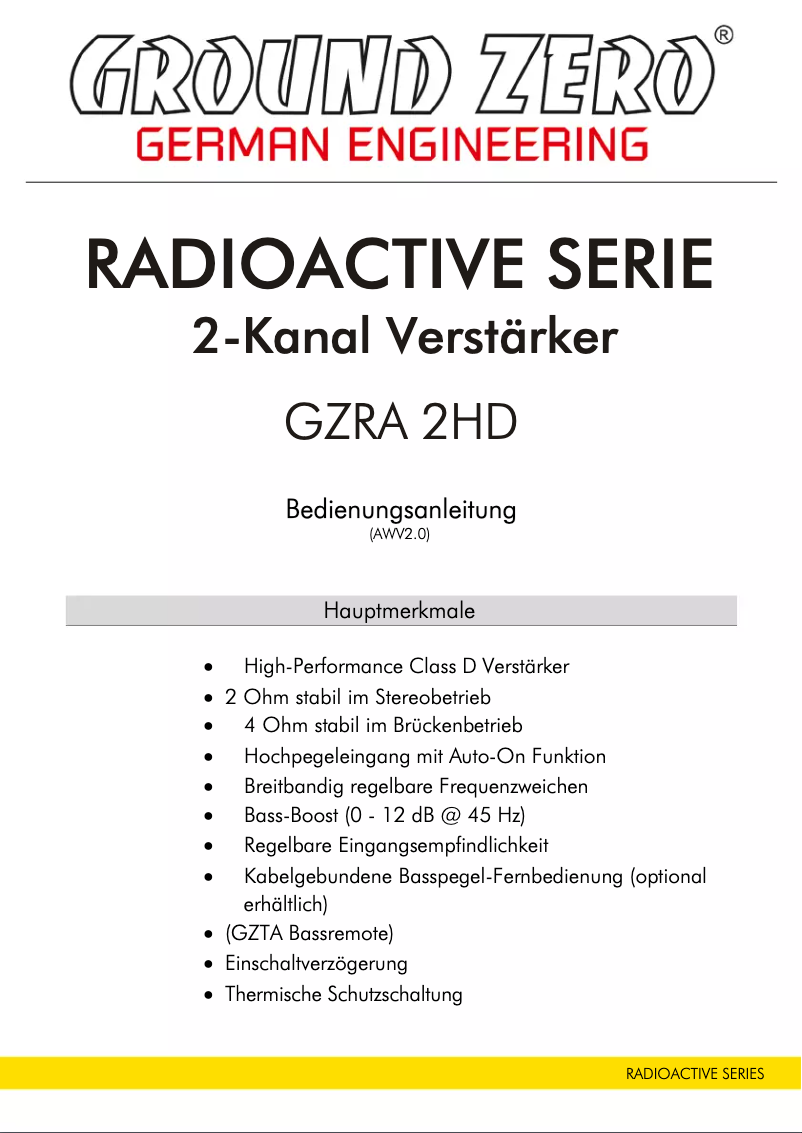 Page 1 de la notice Manuel utilisateur Ground Zero GZRA 2HD