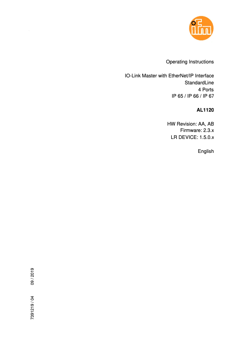 Page 1 de la notice Manuel utilisateur IFM AL1120