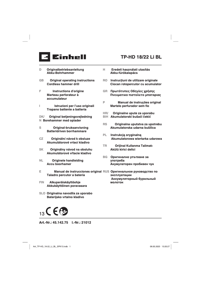 Page n°1 - Manuel utilisateur Einhell TP-HD 18/22 Li BL