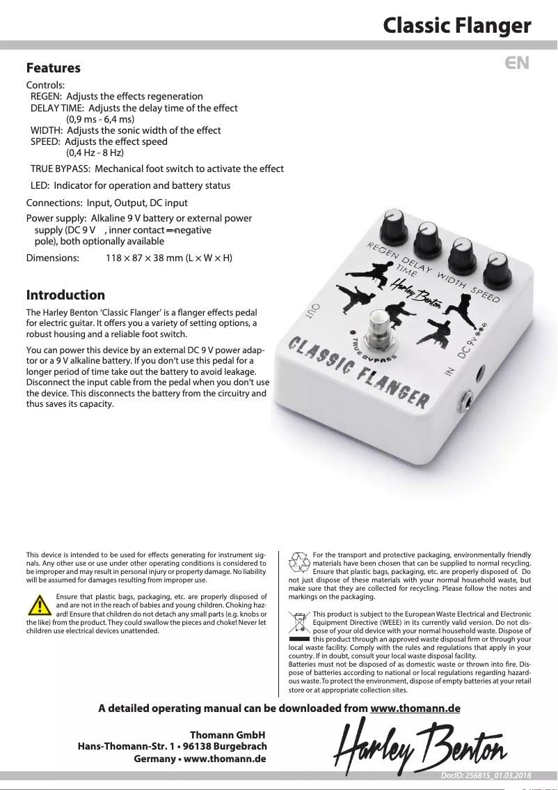 Page 1 de la notice Fiche technique Harley Benton Classic Flanger