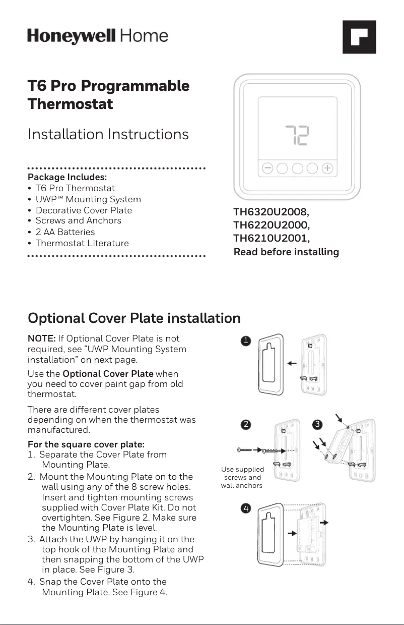 Page 1 de la notice Guide d'installation Honeywell TH6320U2008/U