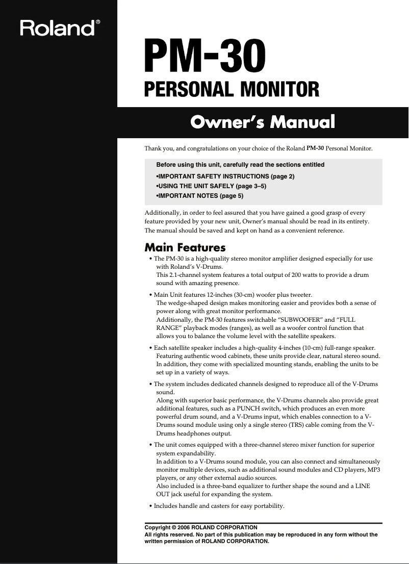 Page 1 de la notice Manuel utilisateur Roland PM-30