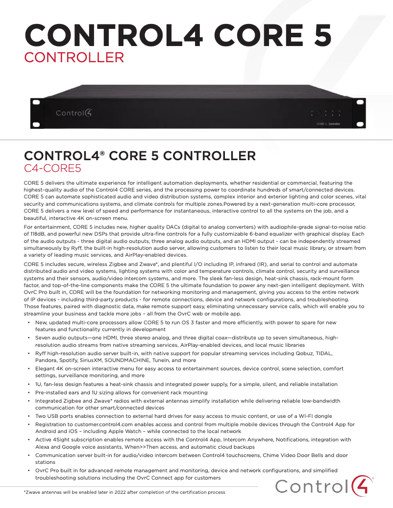 Page 1 de la notice Fiche technique Control4 Core 5