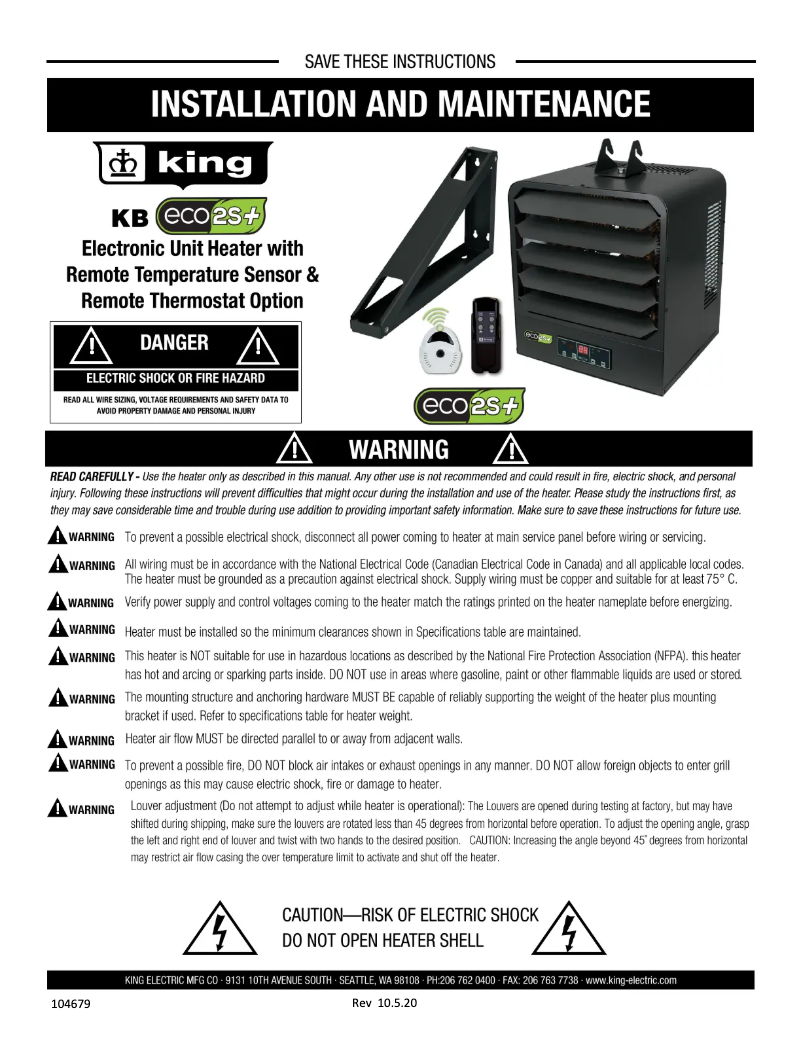 Page 1 de la notice Manuel utilisateur King ECO2S+ KB2407-1-ECO2S-PLUS
