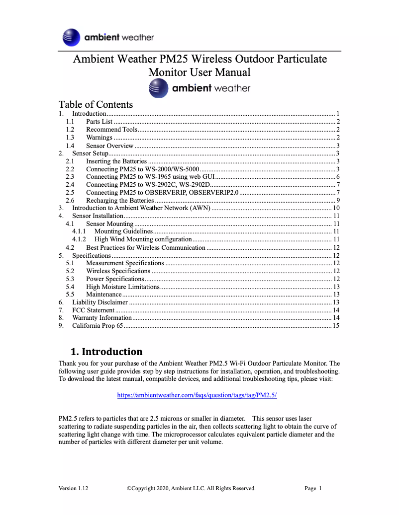 Page 1 de la notice Manuel utilisateur Ambient Weather PM2.5IN