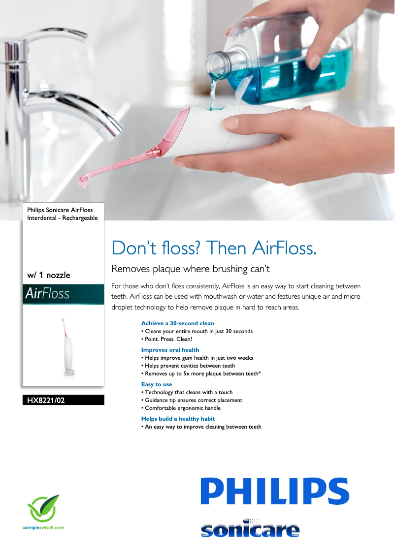 Page 1 de la notice Fiche technique Philips Sonicare AirFloss HX8221