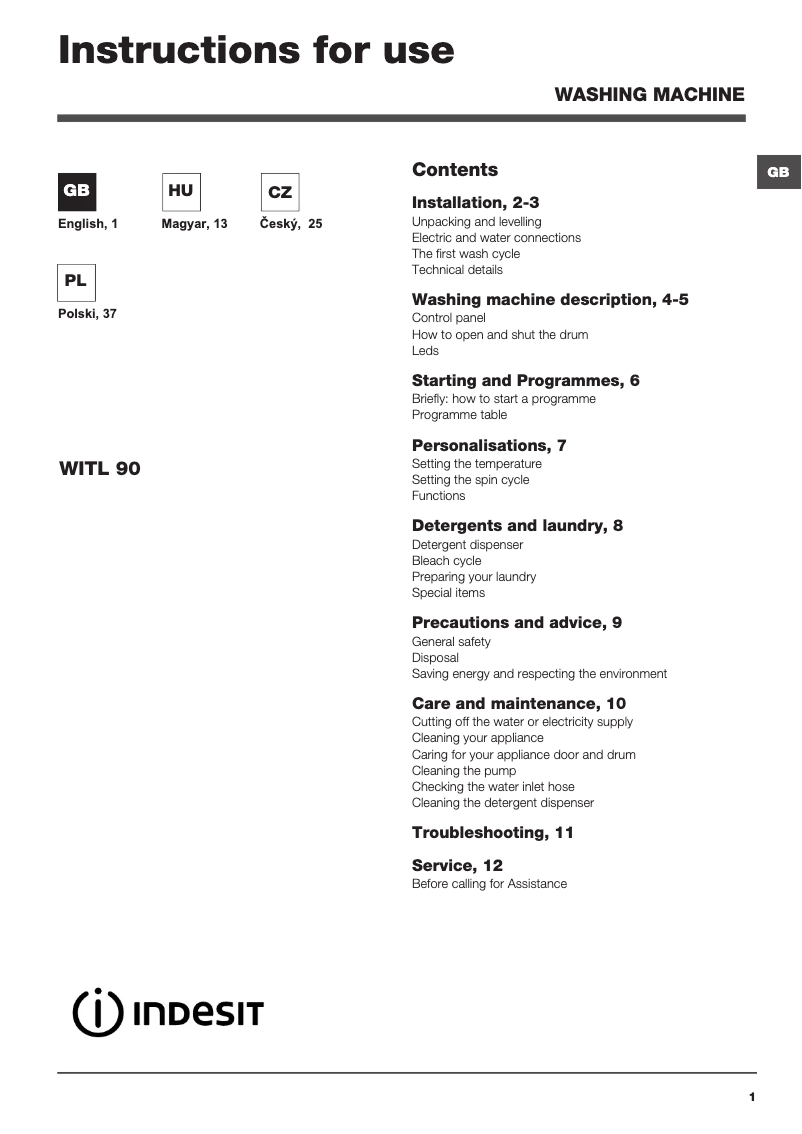 Page n°1 - Manuel utilisateur Indesit WITL 90 (EU)