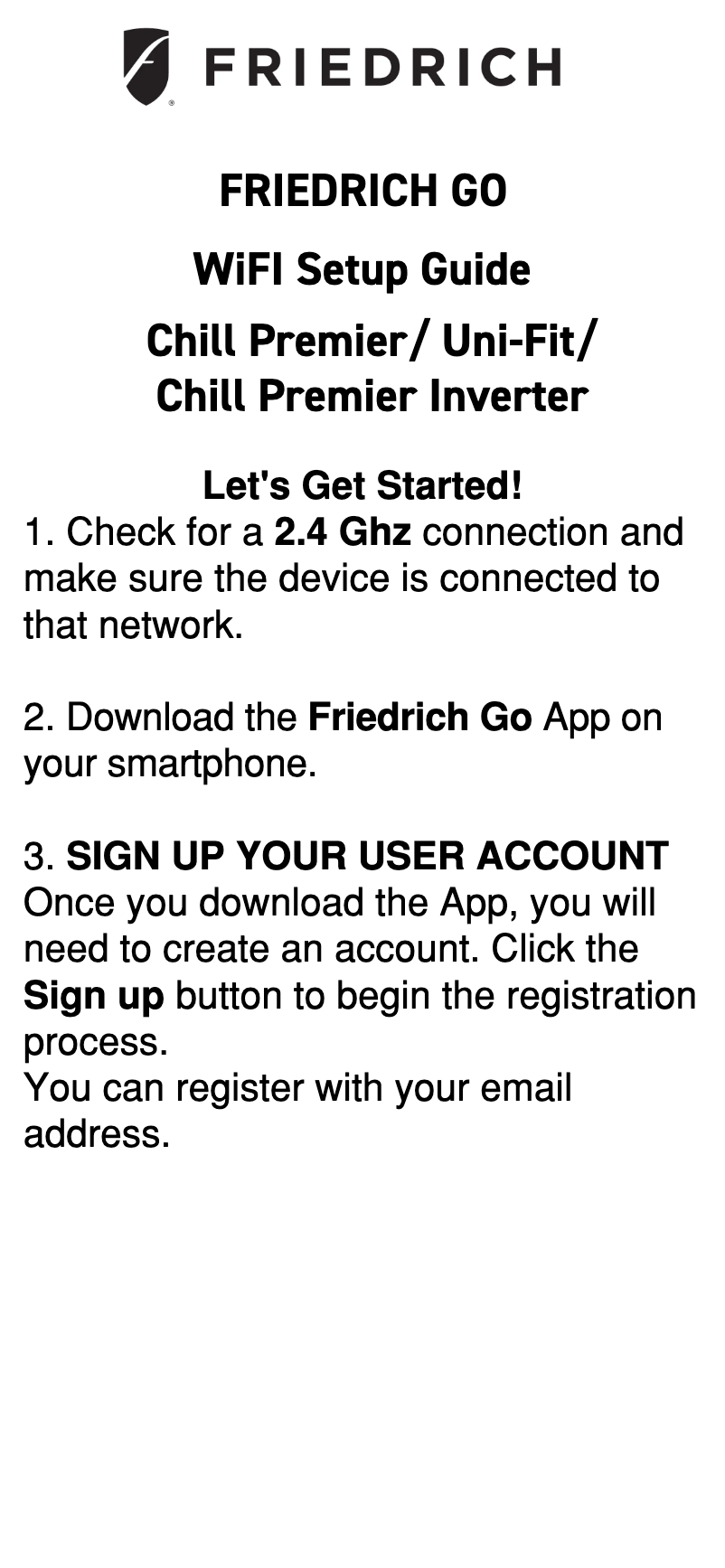 Page 1 de la notice Guide d'installation Friedrich Uni-Fit UCT10B10A
