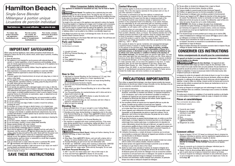 Page 1 de la notice Manuel utilisateur Hamilton Beach 51190