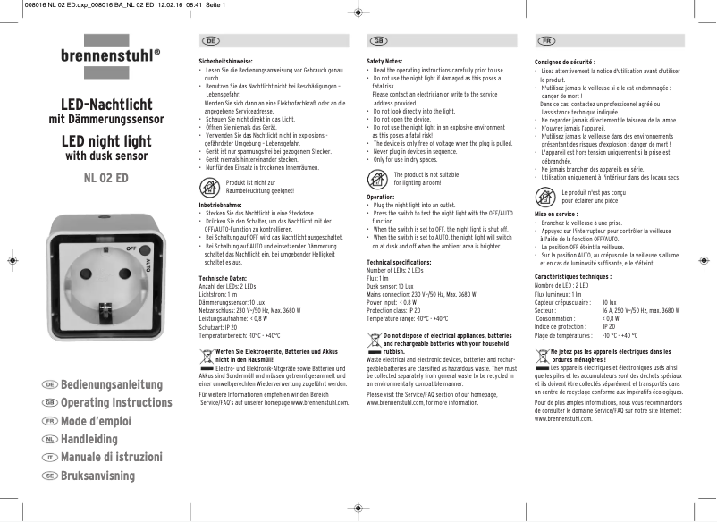 Page n°1 - Manuel utilisateur Brennenstuhl NL 02 ED