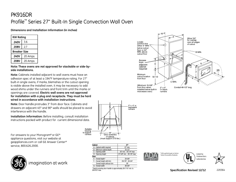 Page 1 de la notice Fiche technique GE PK916DRCC