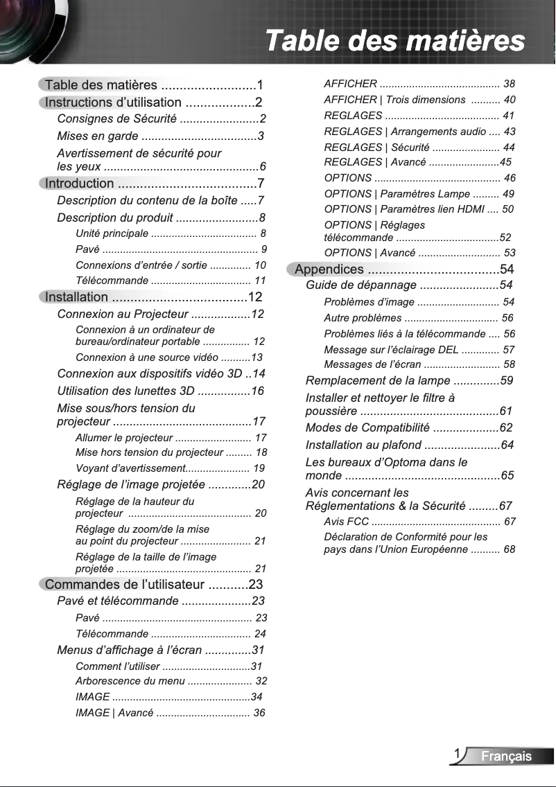 Page 1 de la notice Manuel utilisateur Optoma HD26