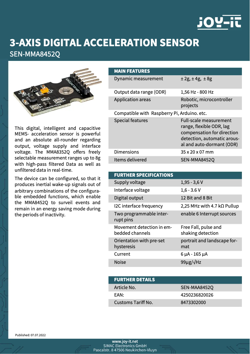 Page 1 de la notice Fiche technique Joy-It SEN-MMA8452Q