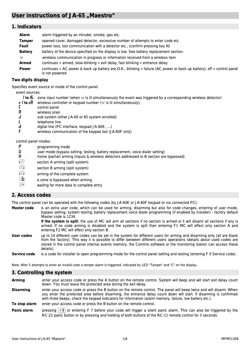 Image de la première page du manuel de l'appareil JA-65 Maestro