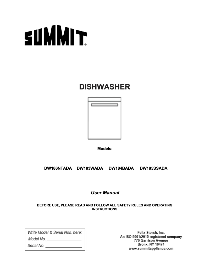 Page n°1 - Manuel utilisateur Summit DW185SSADA
